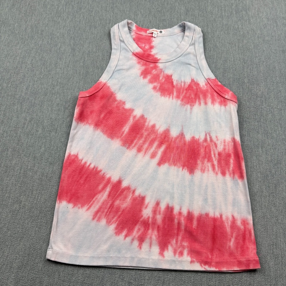 Sundry Tank Top Womens 1 White Red Rib Stripe Tie Dye Cotton Blend Pullover Crew